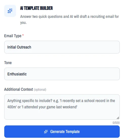 AI Template Builder screen generating a recruiting email