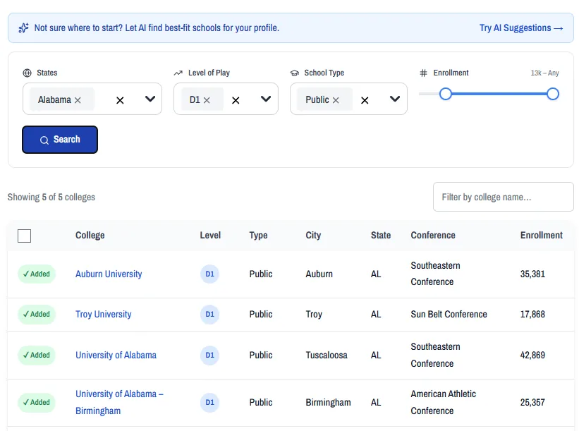 Target finder screen with filters by division, state, school type, and enrollment size